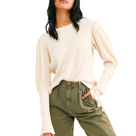 Free People FP One Tasha Puff Sleeve Thermal Top, Size Small, Cream - Picture 1 of 6